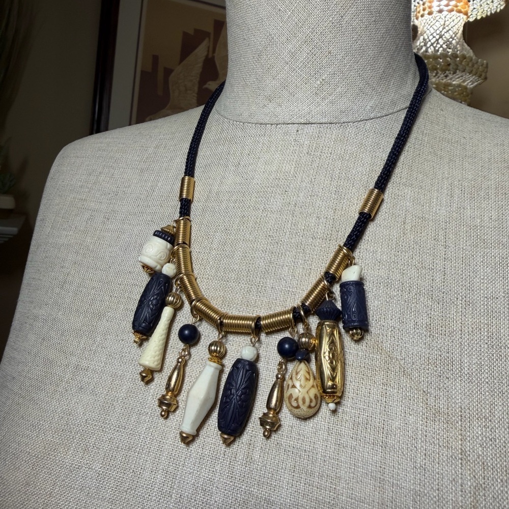 Casual Corner Navy Blue & Gold Beaded Statement Necklace